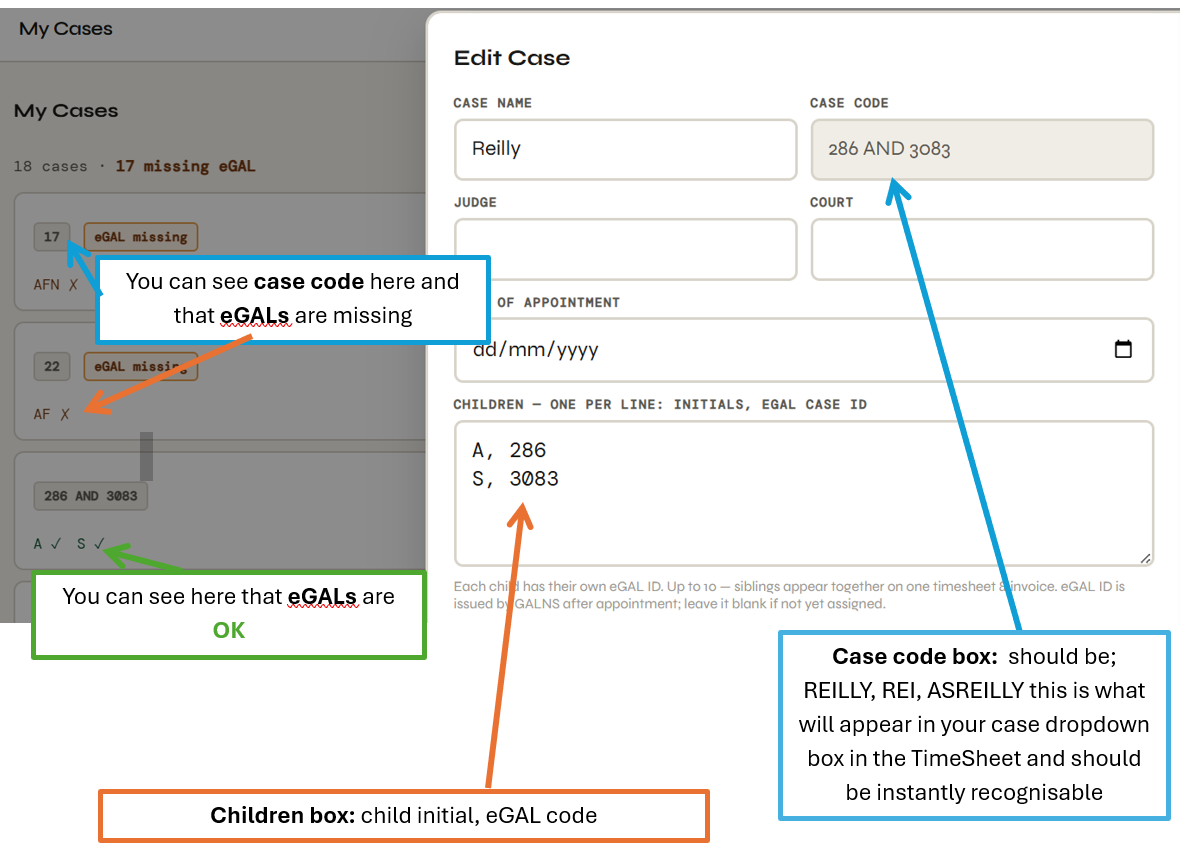 Example of a wrong case code (eGAL numbers) versus entering it correctly