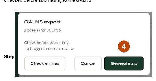 GALNS export dialog showing flagged entries and Generate zip