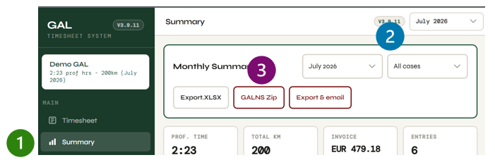 Summary screen showing Summary, month selector, and GALNS Zip